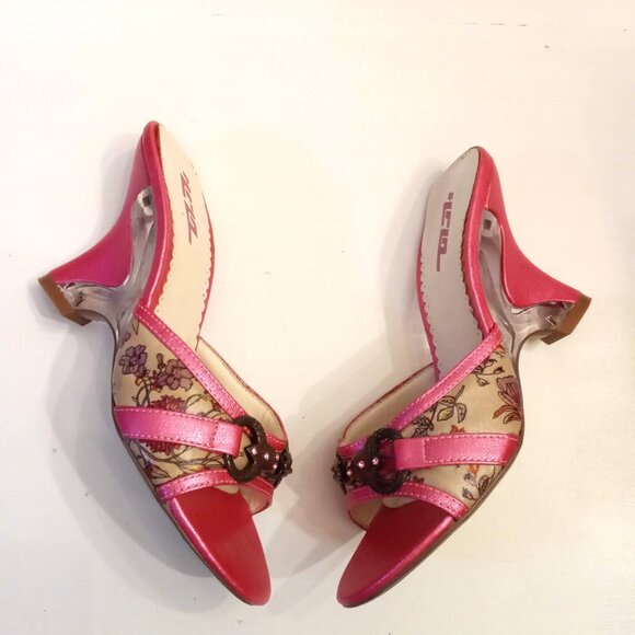 HPLA Floral Pink Glitter Shoes size 6 Open Toe Rhinestone Accent Acrylic Heels - Picture 1 of 12